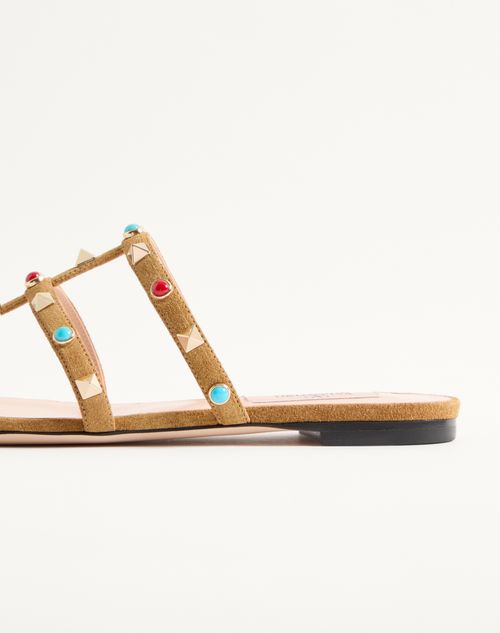 Valentino Garavani - Rockstud Slide-sandalen Aus Spaltleder Mit Cabochon-steinen - Havana Beige - Frau - Sandalen