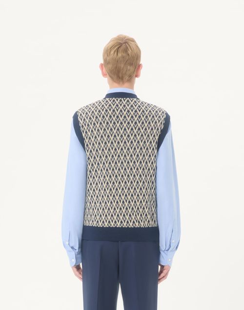 Valentino - Wool Vest With Toute La V Jacquard Pattern - Navy/cream - Man - Knitwear