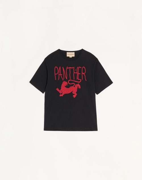 Valentino Camiseta De Algodón Con Estampado Panther Mujer Negro/rojo M
