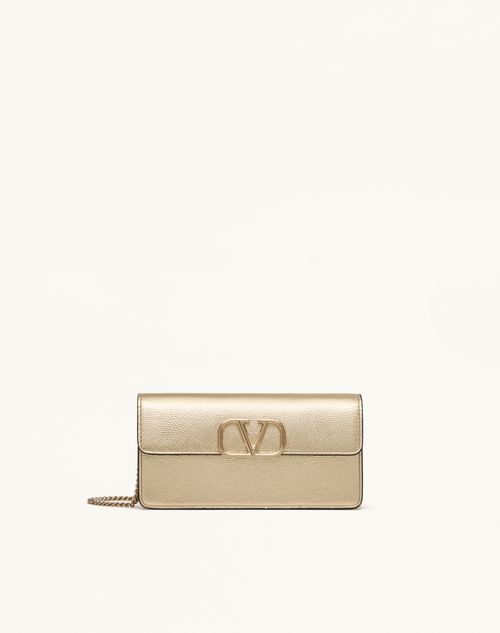 Valentino Garavani - Vlogo Signature Metallic Grainy Calfskin Wallet With Chain - Platinum - Woman - Wallets And Small Leather Goods