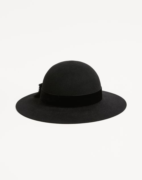 Valentino Garavani - Vlogo Signature Hat In Lapin Fabric And Velvet With Taffetas Bow - Black - Woman - Hats And Gloves