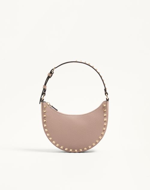 Valentino Garavani Mini Rockstud Hobo Bag In Grainy Calfskin Woman Poudre Uni In Poudre