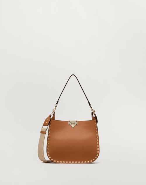 Shop Valentino Garavani Rockstud Grainy Calfskin Hobo Bag Woman Almond Uni