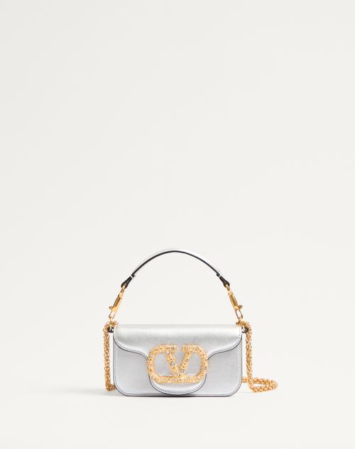 Valentino Garavani Garavani Locò Small Shoulder Bag In Laminated Calfskin With Jewel Logo Woman Silv In Silver/crystal