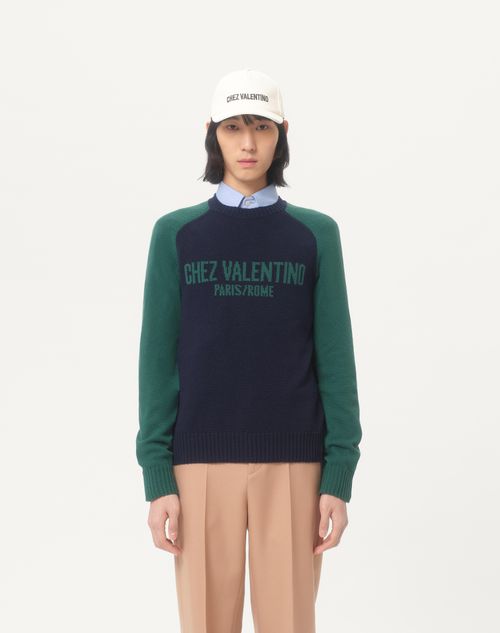 Valentino - Wool And Cotton Sweater With Chez Valentino Jacquard Pattern - Blue/green - Man - Knitwear