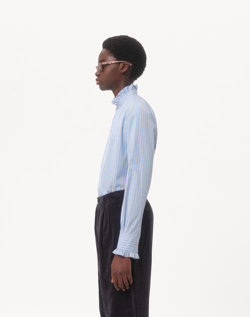 Valentino - Camisa De Algodón A Rayas Con Volantes - Celeste - Hombre - Camisas