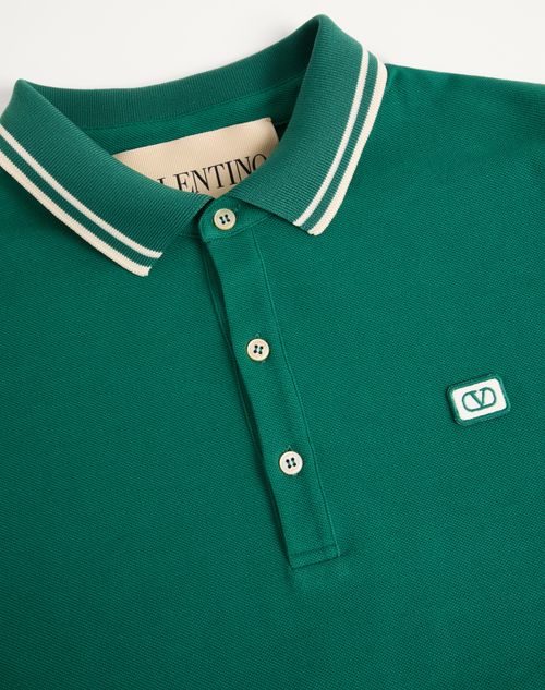 Valentino - Cotton Piqué Polo Shirt With Vlogo Patch - Dark Green - Man - T-shirts And Sweatshirts