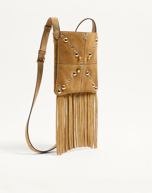 Valentino Garavani - Valentino Garavani Nellcôte Small Shoulder Bag In Suede With Fringes - Havana Beige - Woman - Shoulder Bags