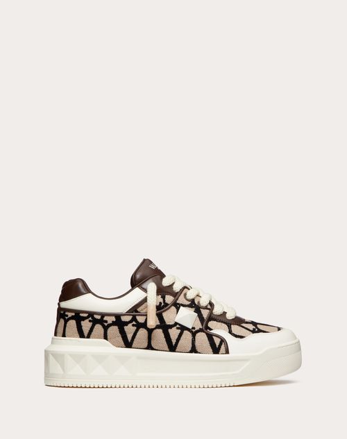 Shop Valentino Garavani One Stud Xl Low-top Sneaker In Nappa Leather And Toile Iconographe Fabric In Beige/black