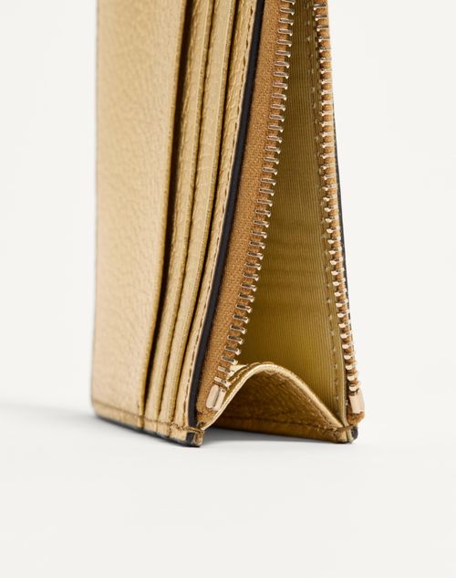 Valentino Garavani - Rockstud Laminated Grainy Calfskin Card Holder With Zipper - Antique Brass - Woman - Wallets And Small Leather Goods