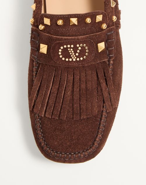 Valentino Garavani - Fastaway Driver Loafer In Crust Leather With Fringes - Bark Brown - Man - Loafers And Driver