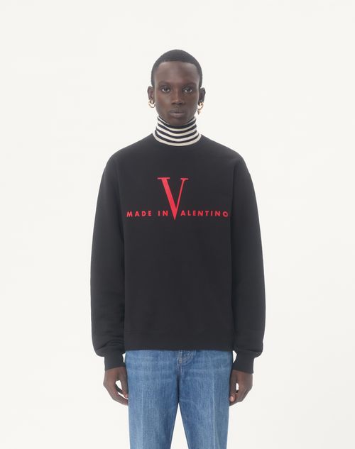 Valentino - Valentino Cotton Crewneck Sweatshirt With Made In Valentino Print - Black/red - Man - Tshirts And Sweatshirts