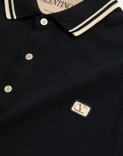 Valentino - Cotton Piqué Polo Shirt With Vlogo Patch - Black - Man - T-shirts And Sweatshirts
