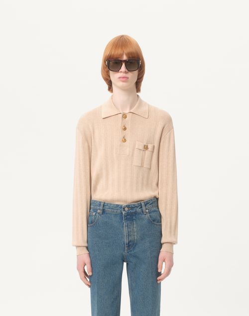 Valentino - Long-sleeved Ribbed Cotton Polo Shirt - Cream - Man - Knitwear