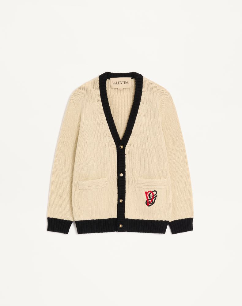 Valentino Men's Butter/Black Wool Cardigan With Embroidered Vg Man Xs