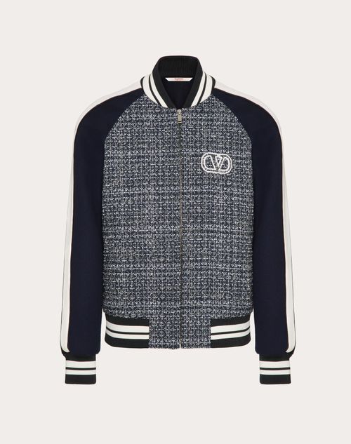 Shop Valentino Cotton And Viscose Tweed Bomber Jacket With Vlogo Signature Patch In White/navy