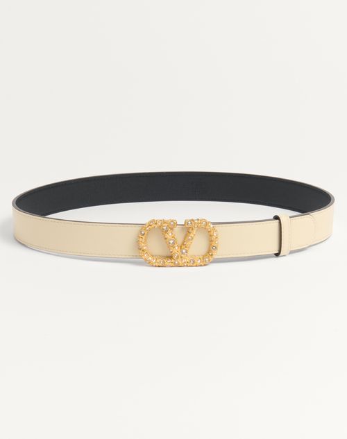 Valentino Garavani Vlogo Signature Belt In Shiny Calfskin With Crystals 30 Mm Woman Ivory/crystal 08