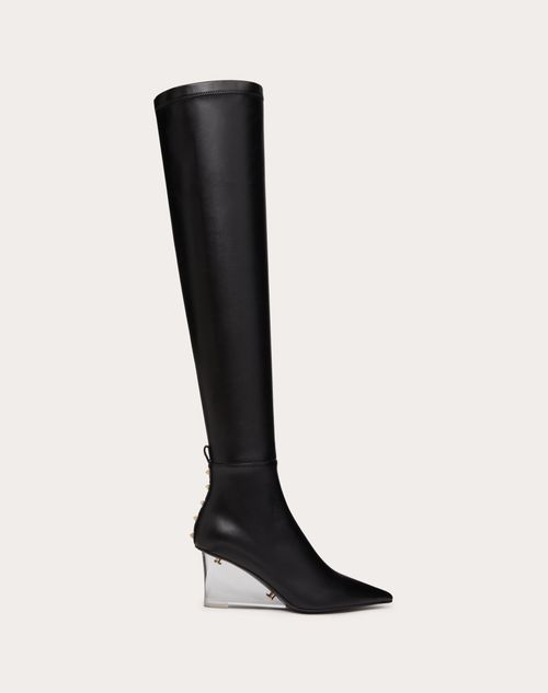 Shop Valentino Garavani Rockstud Over-the-knee Boot In Stretch Synthetic Material 75mm Woman Black 41