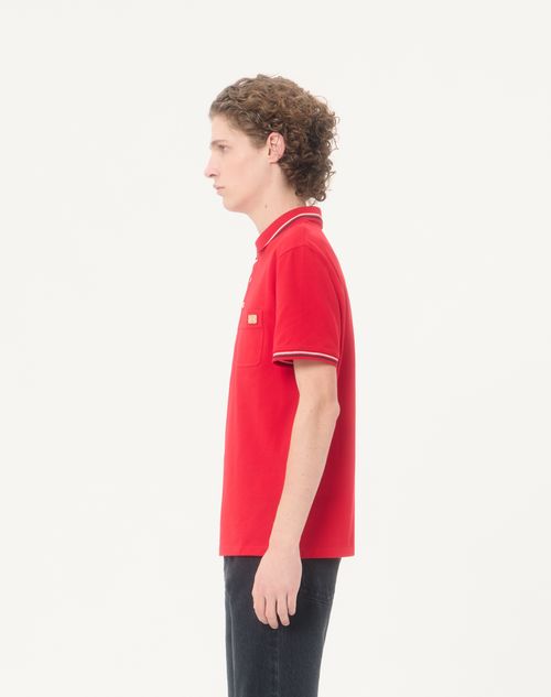 Valentino - Cotton Piqué Polo Shirt With Vlogo Patch - Red - Man - T-shirts And Sweatshirts