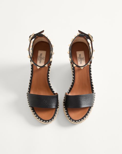 Valentino Garavani - Double Rockstud Grainy Calfskin Wedge Sandal 105 Mm - Black - Woman - Espadrilles And Wedges