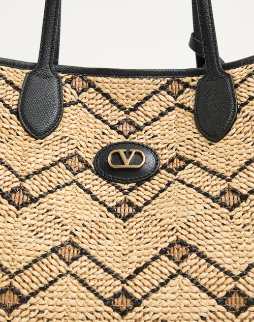 Valentino Garavani - Borsa Media Shopping Valentino Garavani In Rafia Con Motivo Geometrico - Naturale/nero - Donna - Borse Shopping