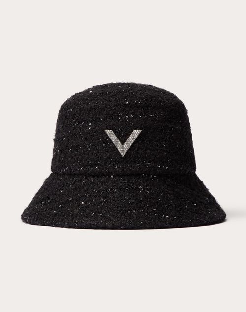 Valentino Garavani V Detail Tweed Bucket Hat With Metal V Appliqué And Swarovski® Crystal Pavé Woman In Black