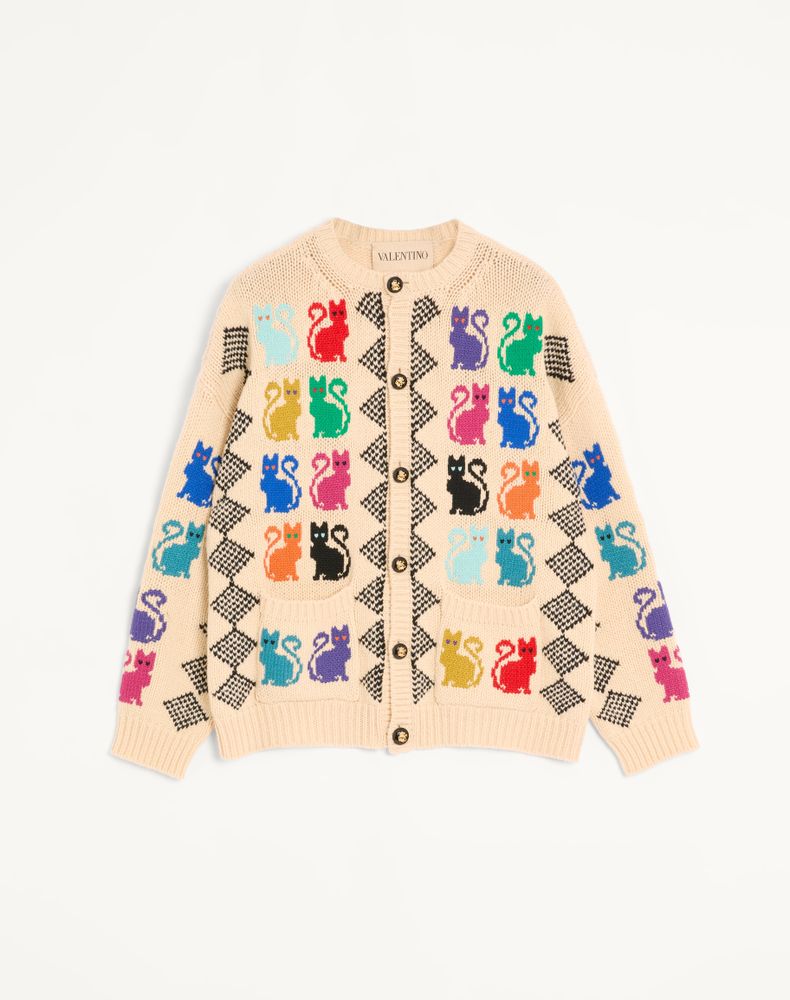 Valentino Herren Multicolor Cardigan Aus Wolle Mit Le Chat De La Maison Jacquardmuster Mann M