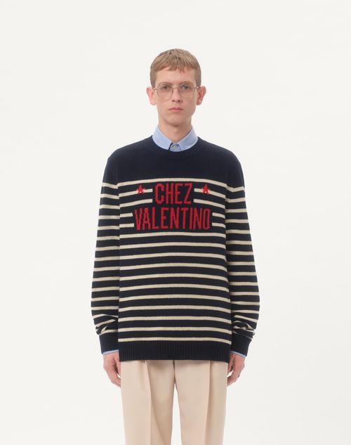 Valentino - Wool Sweater With Chez Valentino Jacquard Motif - Blue/butter - Man - Knitwear