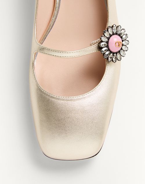 Valentino Garavani - Mary-jane Preshoes Ballerinas In Laminated Nappa With Jewel Button 20mm - Platinum/crystal - Woman - Ballerinas