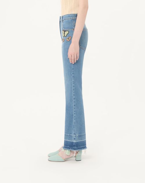 Valentino - Pantalón De Mezclilla Con Bordado Butterfly - Azul - Mujer - Denim