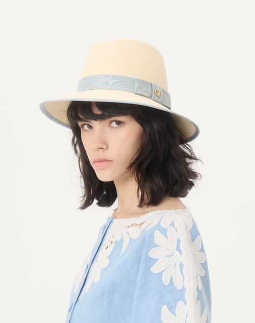 Valentino Garavani - Vlogo Signature Straw Hat With Moiré Ribbon - Natural/azure - Woman - Hats And Gloves