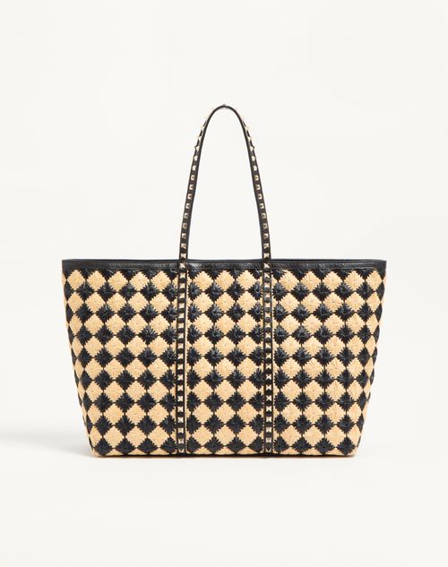 Valentino Garavani - Valentino Garavani Rockstud Embroidered Shopping Bag In Raffia - Natural/black - Woman - Totes