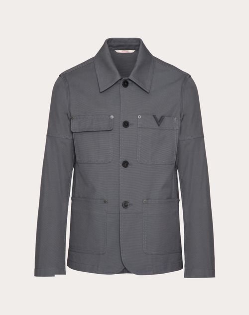 Valentino Stretch Cotton Canvas Jacket With Metallic V Detail In Light Grey