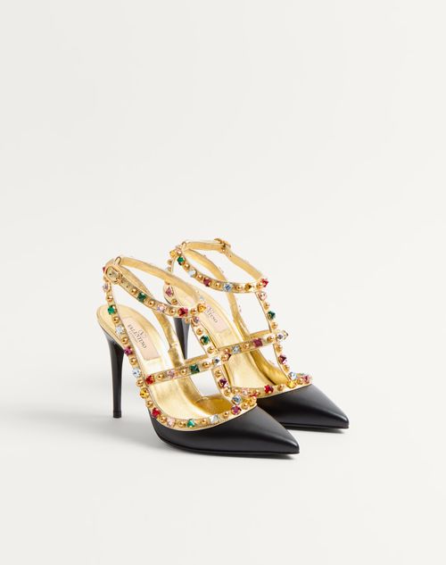 Valentino Garavani - Rockstud Calfskin Pumps With Cabochon And 100mm Crystals - Black/antique Brass - Woman - Pumps
