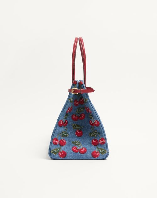 Valentino Garavani - Valentino Garavani Antibes Medium Shopping Bag In Denim With Cherryfic Embroidery - Denim/multicolour - Woman - Totes