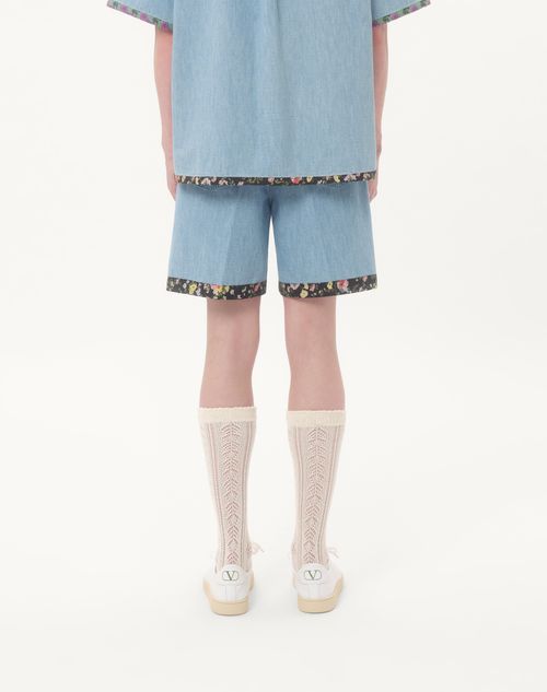 Valentino - Denim Bermuda Shorts With Floral Print Hem - Denim - Man - Denim