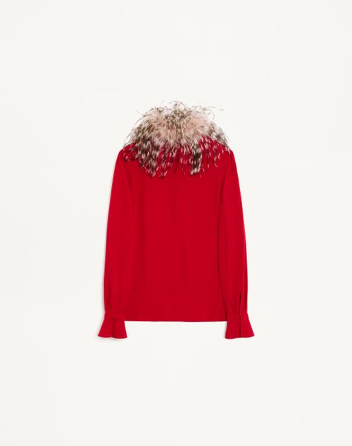 Valentino - Georgette Top With Feathers - Paris/brown - Woman - Shirts And Tops