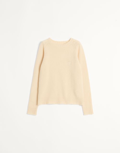 Shop Valentino Shetland Wool Crewneck Jumper With Vlogo Embroidery In Ivory