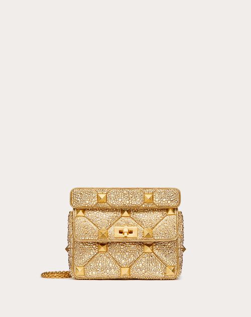 Valentino Garavani Roman Stud Medium Bag With Chain And Rhinestones Woman Antique Brass Uni In Gold