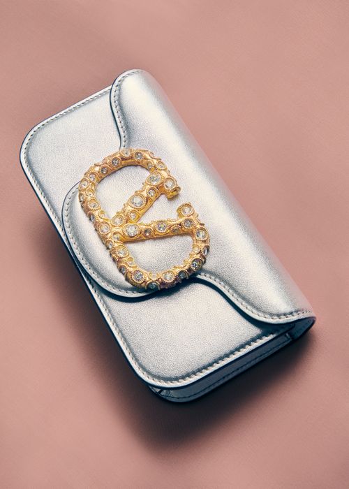 Valentino Garavani - Valentino Garavani Locò Small Shoulder Bag In Laminated Calfskin With Jewel Logo - Silver - Woman - Shoulder Bags