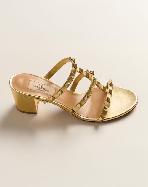 Valentino Garavani - Rockstud Slide Sandal In Laminated Nappa 60mm - Antique Brass - Woman - Sandals