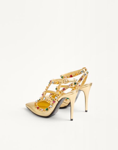 Valentino Garavani - Rockstud Décolleté In Laminated Nappa With Cabochon And Crystals 100mm - Antique Brass/multicolour - Woman - Pumps