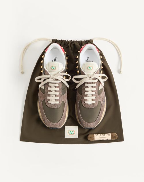 Valentino Garavani - Stud Up Sneaker In Split Leather And Nylon With Butterfly Embroidery - Olive Green/multicolour - Man - Sneakers