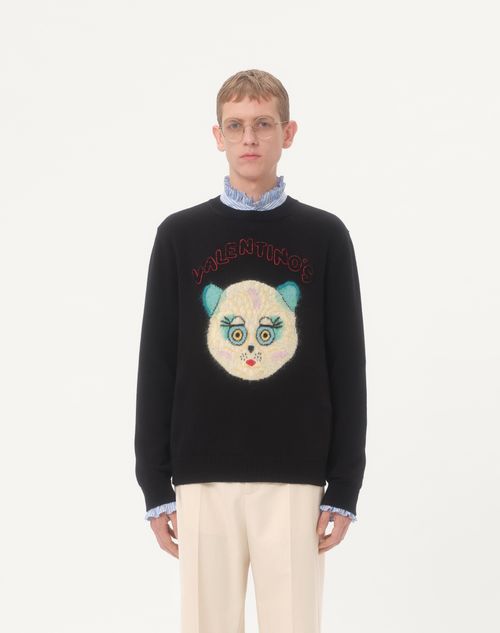 Valentino - Wool And Cotton Sweater With Le Chat De La Maison Patch - Black - Man - Knitwear