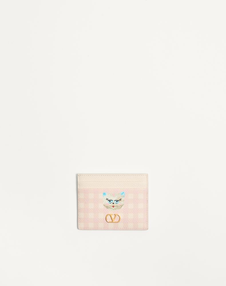 Valentino Garavani Women's Pink/Ivory Vlogo Signature Le Chat De La Maison Cardholder In Grainy Calfskin Woman Uni
