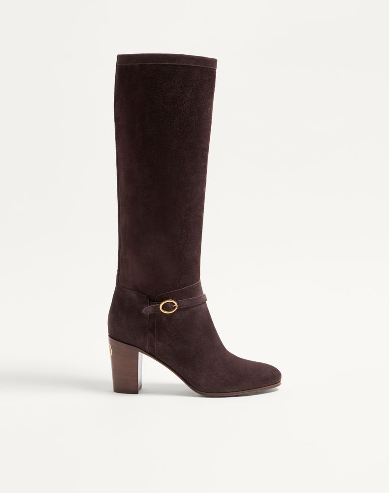 Valentino Garavani Vlogo Signature Block Heel Boots With Antique Brass Finish, 75mm In Brown