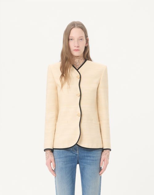Valentino - Jacket In Silk Linen Canvas - Latte/black - Woman - Jackets And Blazers