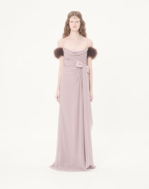 Valentino - Long Dress In Light Georgette With Feathers - Lilac - Woman - Gowns