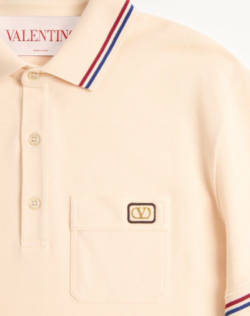 Valentino - Cotton Piqué Polo Shirt With Vlogo Patch - Cream - Man - T-shirts And Sweatshirts