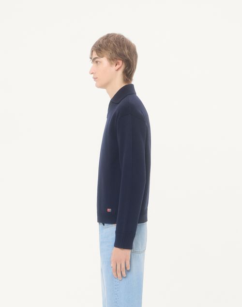 Valentino - Valentino Wool Sweater With Vlogo Signature Patch And Polo Collar - Navy - Man - Knitwear